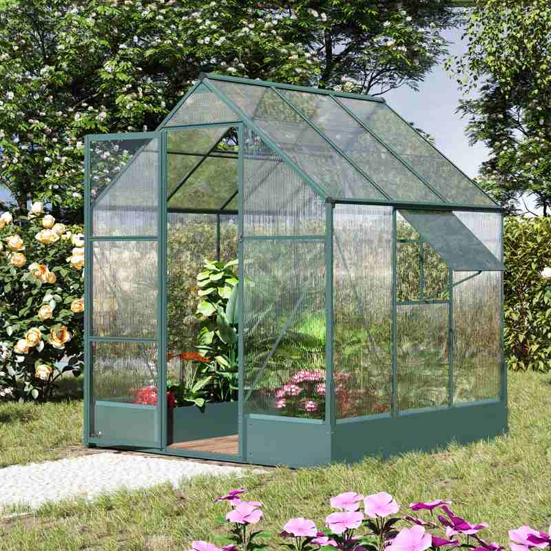 Outsunny 6x6 FT Polycarbonate Greenhouse with Base and Raised Bed, Walk-in Greenhouse with Aluminium Frame, Temperature Controlled Window, Foundation for Plants, Flowers, Vegetable