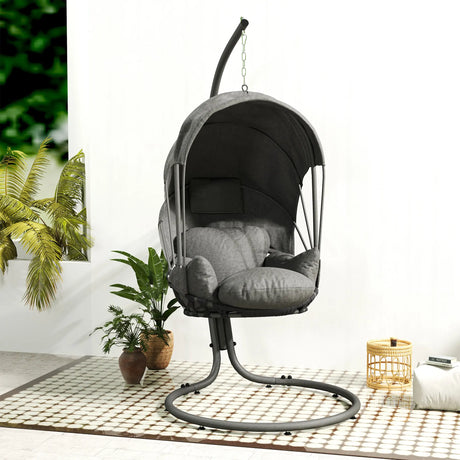 Outsunny Hanging Egg Chair Swing Hammock Chair with Stand, Cushion and Retractable Canopy, for Indoor and Outdoor, Grey
