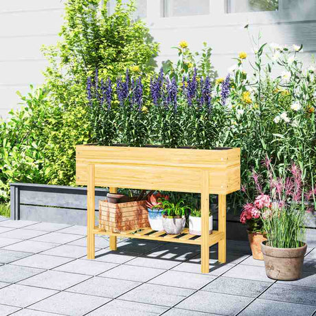 Outsunny Wooden Raised Garden Bed, Elevated Planter Box with Bed Liner, Drainage Holes and Storage Shelf, Raised Planter for Vegetables, Flowers, Herbs, 100 x 30 x 71 cm, Natural Wood Finish