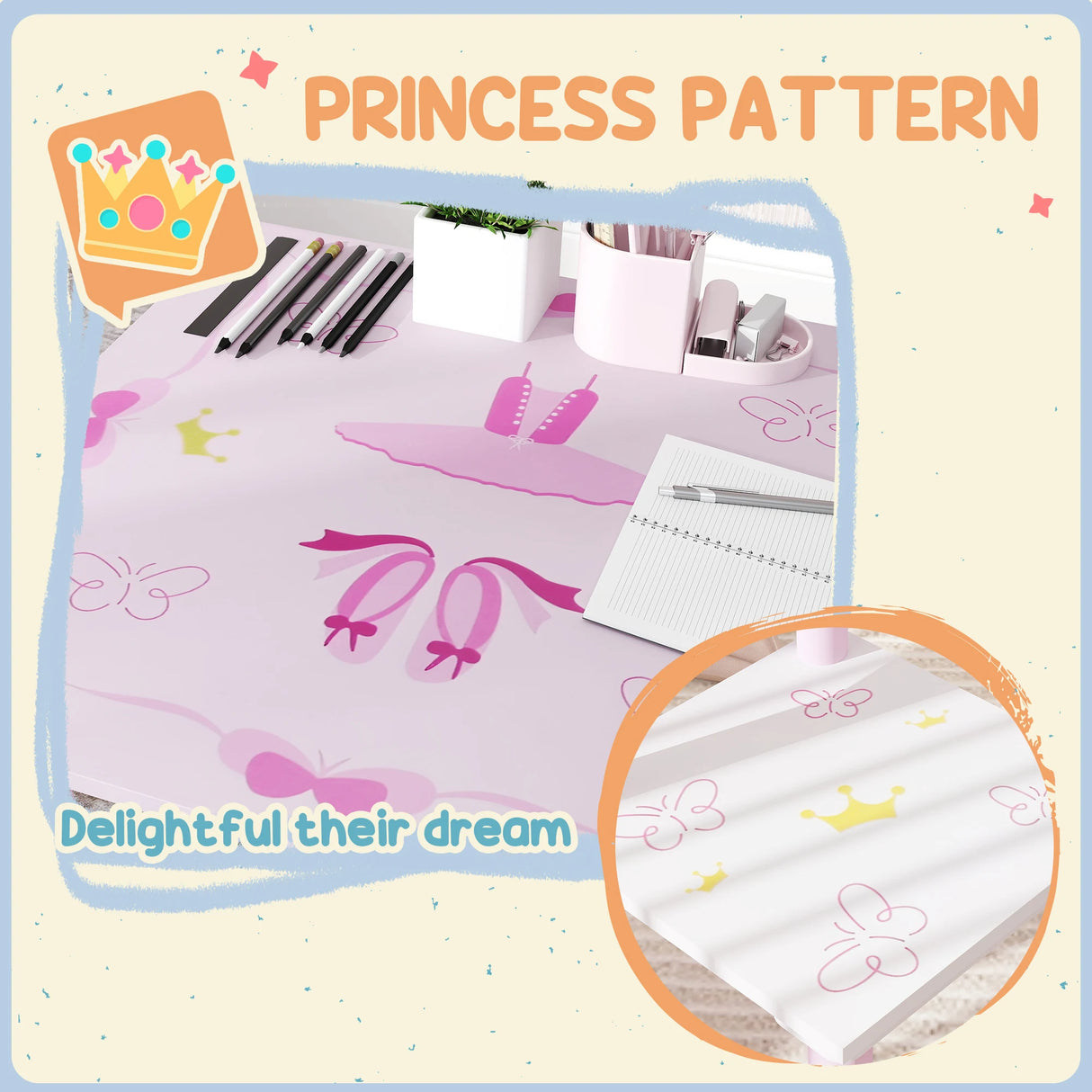 AIYAPLAY Princess-Designed Kids Table and Chairs Set for Activity, Art, Drawing, Toddler Table and Chairs Set for Playroom