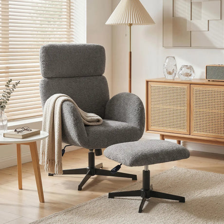 HOMCOM Swivel Armchair and Footstool Set, Height Adjustable Accent Chair with Adjustable Headrest, Rocking Function, Grey