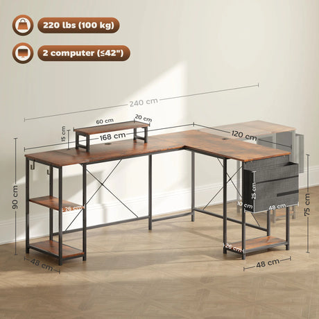 HOMCOM 168cm Reversible L Shaped Desk, Industrial Corner Computer Desk with Adjustable Shelf and Storage Bag, 240cm 2 Person PC Table with Monitor Stand, Rustic Brown