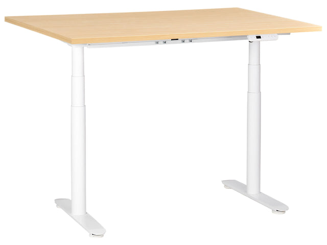 Electrically Adjustable Desk Light Brown Tabletop White Steel Frame 120 x 60 cm Sit and Stand Round Feet Modern Design Beliani