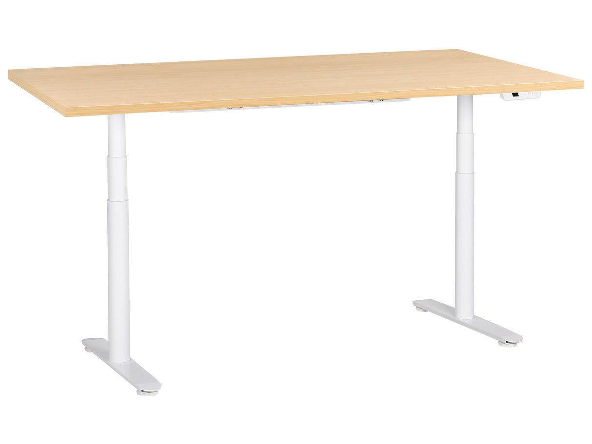 Electrically Adjustable Desk Light Brown Tabletop White Steel Frame 180 x 72 cm Sit and Stand Round Feet Modern Design Beliani