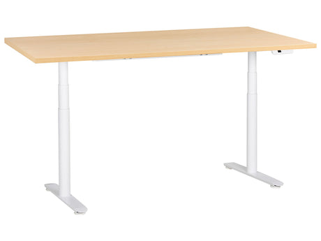 Electrically Adjustable Desk Light Brown Tabletop White Steel Frame 180 x 72 cm Sit and Stand Round Feet Modern Design Beliani