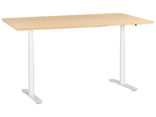 Electrically Adjustable Desk Light Brown Tabletop White Steel Frame 180 x 72 cm Sit and Stand Round Feet Modern Design Beliani