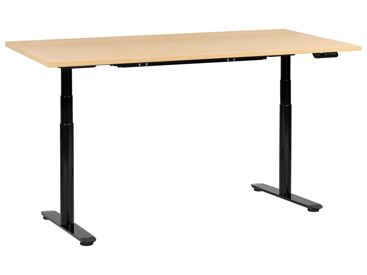 Electrically Adjustable Desk Light Brown Tabletop Black Steel Frame 180 x 72 cm Sit and Stand Round Feet Modern Design Beliani