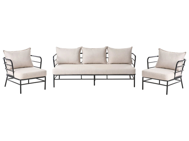 Garden Set Light Beige Fabric Cushions Removable Covers Seat 3 Seater Sofa with Armchairs Black Aluminium Frame Beliani