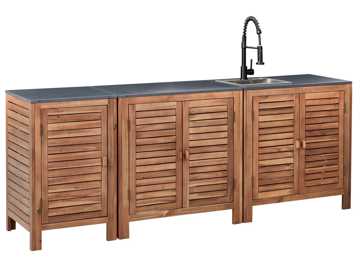 Outdoor Kitchen 3 Piece Cabinet Brown and Black Acacia Wood Shelves Door Unit with Steel Top with Sink Garden Kitchen Dining Beliani