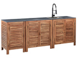 Outdoor Kitchen 3 Piece Cabinet Brown and Black Acacia Wood Shelves Door Unit with Steel Top with Sink Garden Kitchen Dining Beliani