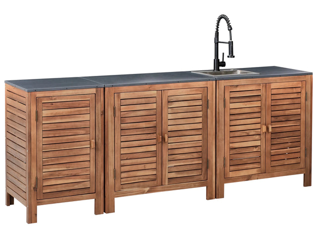 Outdoor Kitchen 3 Piece Cabinet Brown and Black Acacia Wood Shelves Door Unit with Steel Top with Sink Garden Kitchen Dining Beliani