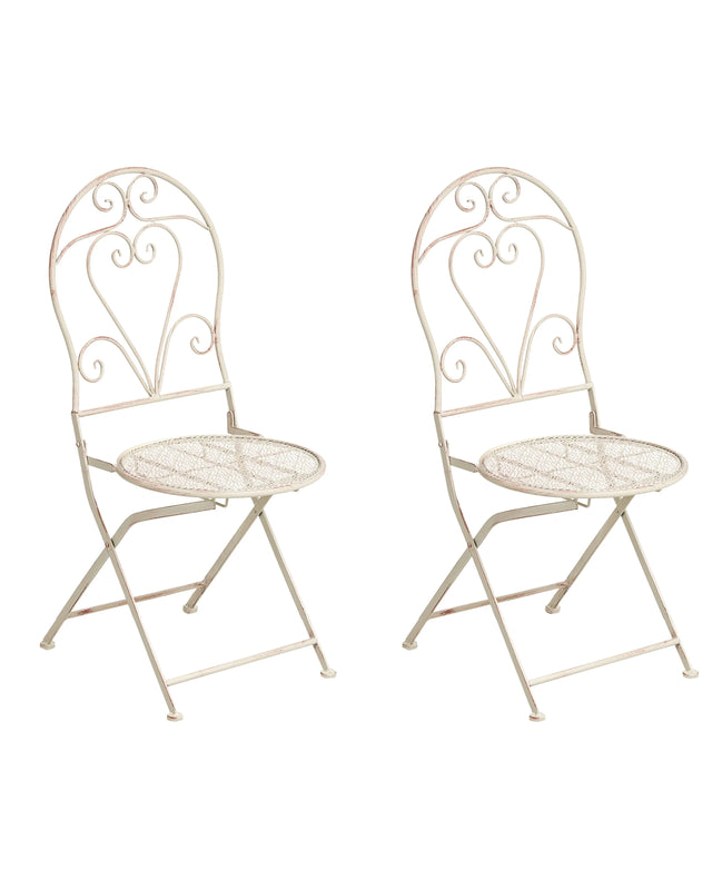 Set of 2 Garden Chairs Light Beige Metal Iron Frame Folding Floral Pattern Vintage Style Outdoor Beliani