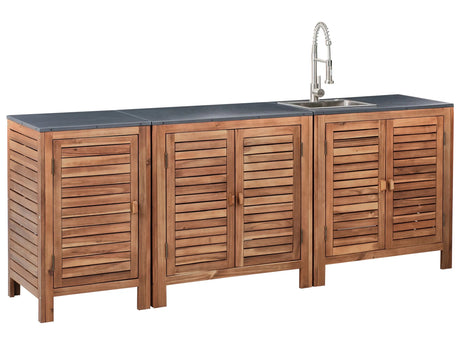 Outdoor Kitchen 3 Piece Cabinet Brown and Silver Acacia Wood Shelves Door Unit with Steel Top with Sink Garden Kitchen Dining Beliani