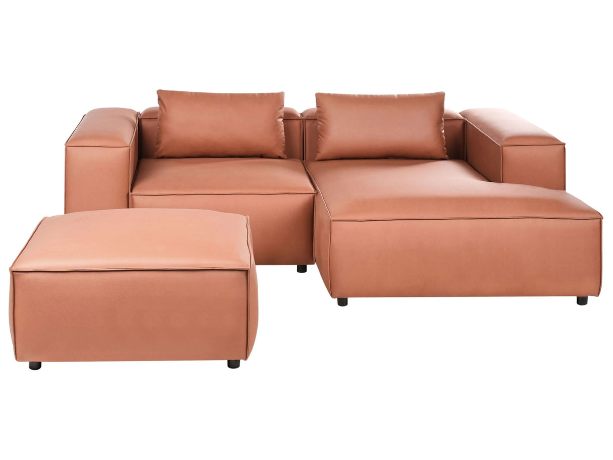 Left Hand Modular Sofa Golden Brown Faux Leather 3 Seater Corner Sofa with Ottoman Modern Minimalistic Living Room Beliani