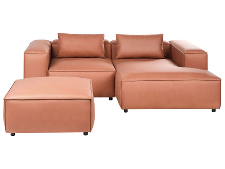 Left Hand Modular Sofa Golden Brown Faux Leather 3 Seater Corner Sofa with Ottoman Modern Minimalistic Living Room Beliani