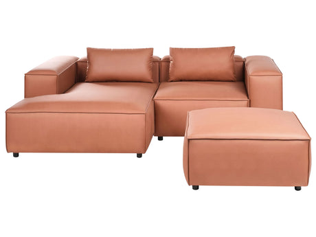 Right Hand Modular Sofa Golden Brown Faux Leather 3 Seater Corner Sofa with Ottoman Modern Minimalistic Living Room Beliani