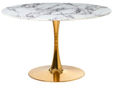 Round Dining Table White with Marble Effect with Gold MDF Top  120 cm Metal Base 4 Seater Kitchen Beliani