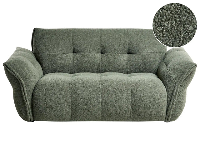 2 Seater Sofa Dark Green Boucle Upholstered Back and Front Wooden Black Legs with Caps Living Room Cosy and Soft Furniture Beliani
