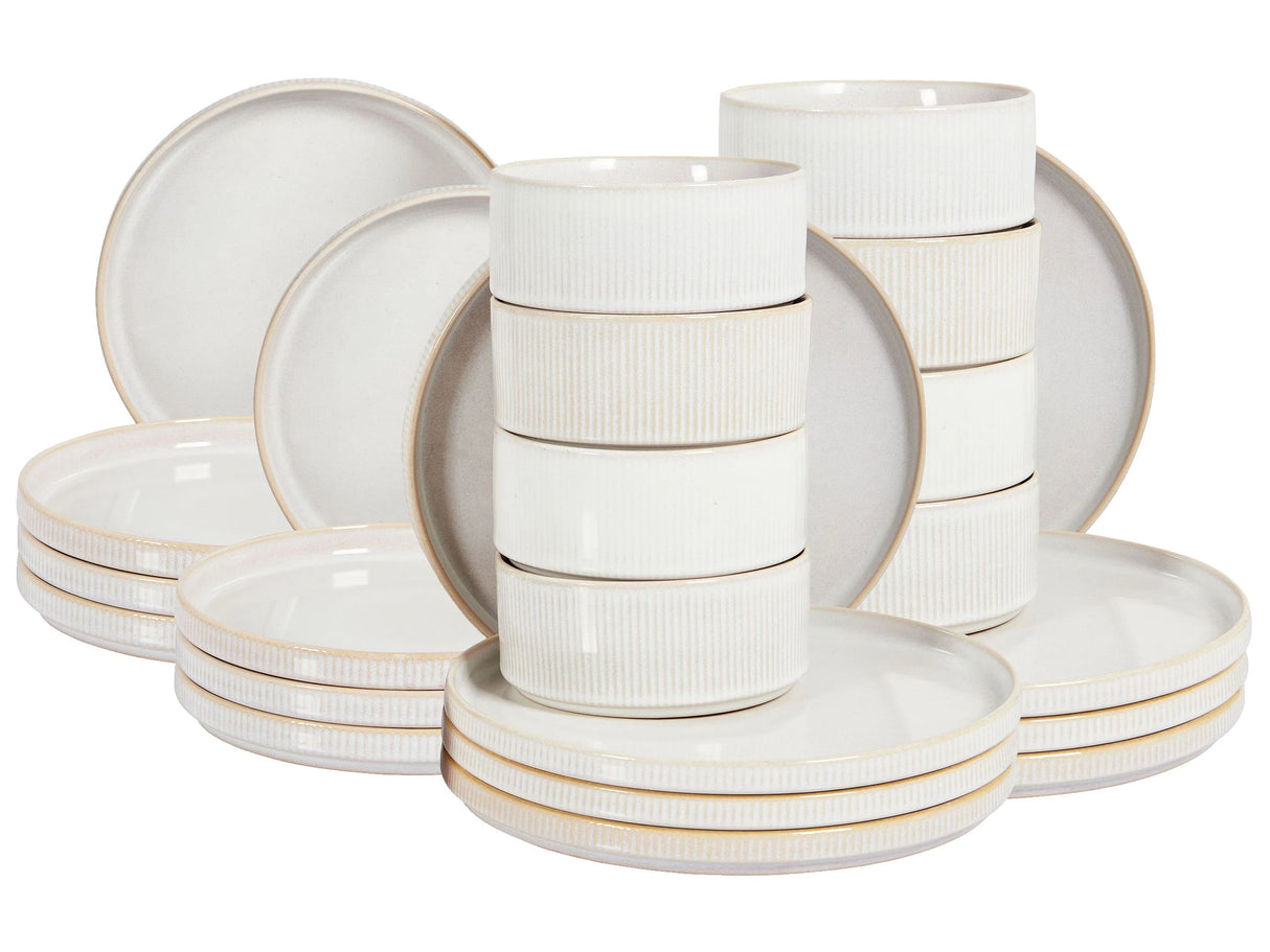 Set of 24 Pieces Off-White Stoneware Kaolin Handmade Reactive Glaze Finish Service for 8 People Kitchen Dining Room Beliani