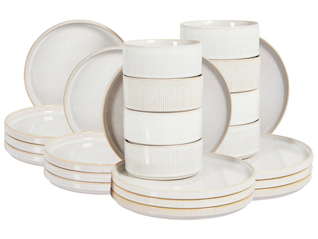 Set of 24 Pieces Off-White Stoneware Kaolin Handmade Reactive Glaze Finish Service for 8 People Kitchen Dining Room Beliani