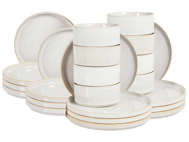 Set of 24 Pieces Off-White Stoneware Kaolin Handmade Reactive Glaze Finish Service for 8 People Kitchen Dining Room Beliani