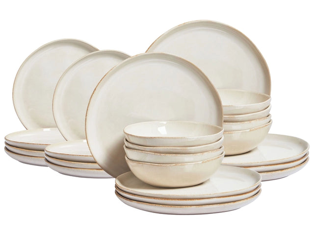 Set of 24 Pieces Light Beige Stoneware Kaolin Handmade Reactive Glaze Finish Service for 8 People Kitchen Dining Room Beliani