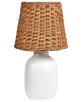 Table Lamp White Ceramic Base Rattan Shade Bedside Lamp for Hallway Lounge Beliani