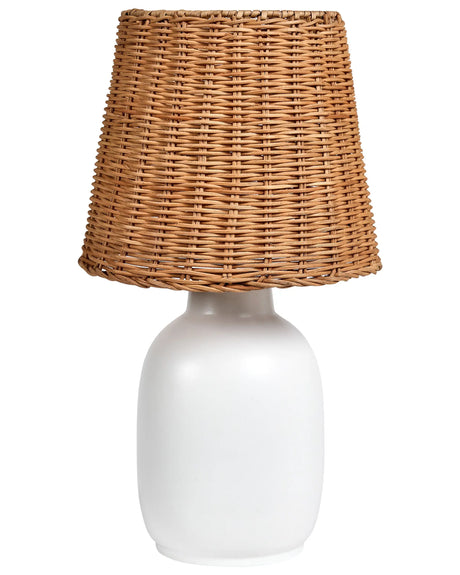 Table Lamp White Ceramic Base Rattan Shade Bedside Lamp for Hallway Lounge Beliani
