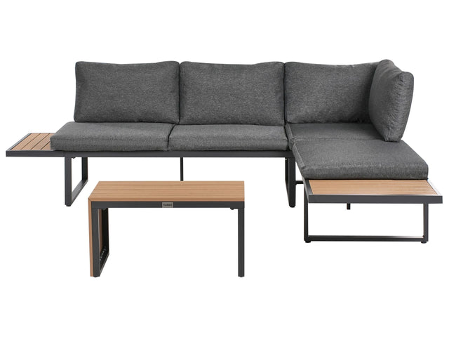 Garden Corner Sofa Set Grey Cushions Light Brown Slatted Design Coffee Table 4 Seater Modern Conversation Set Beliani