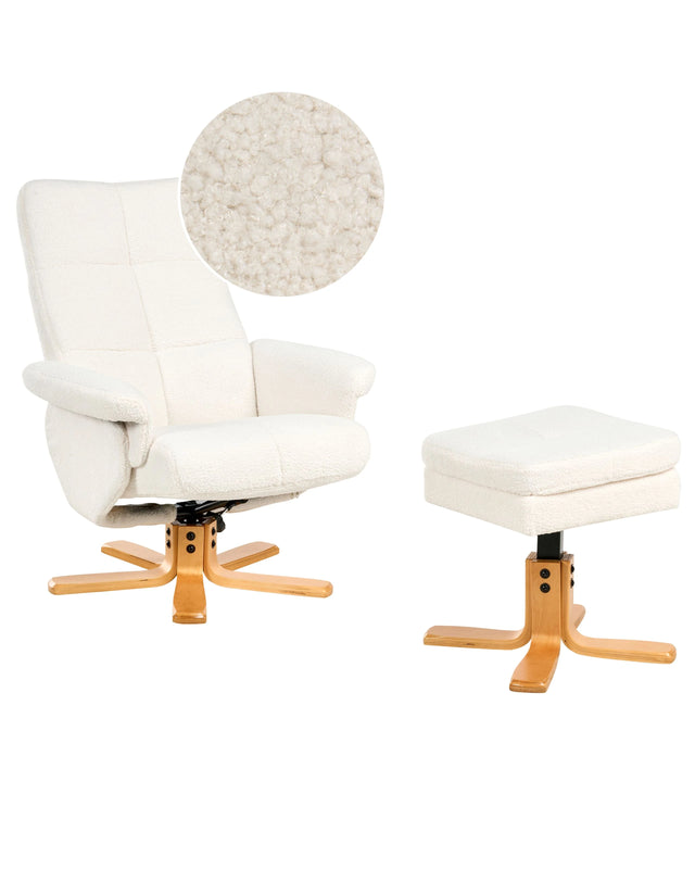 Recliner Armchair Off-White with Footstool Boucle Swivel Upholstered Metal Frame Retro Design Beliani