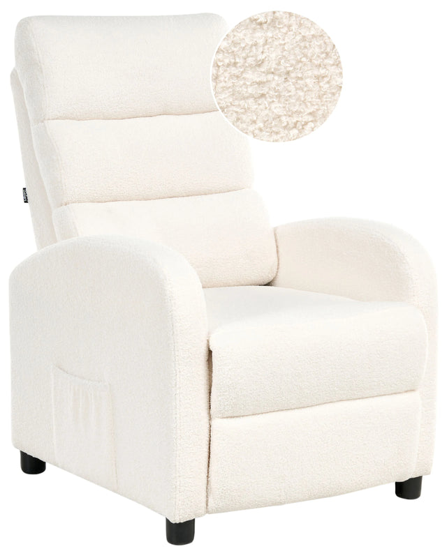Recliner Chair Off-White Fabric Boucle Upholstery Push-Back Manually Adjustable Back and Footrest Retro Design Armchair Beliani