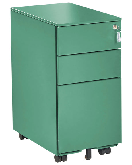 Storage Cabinet Green Metal with 3 Drawers Key Lock Castors Industrial Modern Home Office Garage Beliani