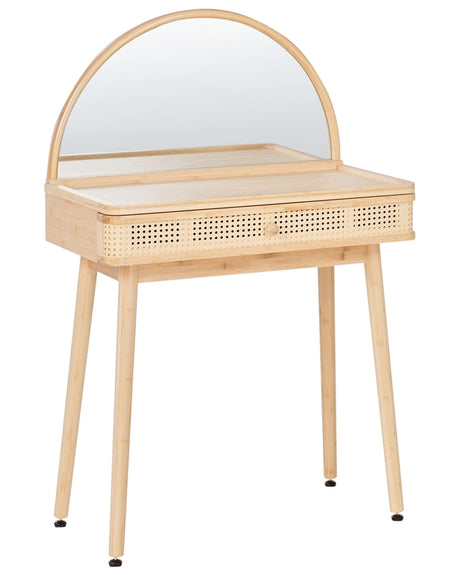 Dressing Table Light Brown Bamboo Wood 1 Drawer Mirror Living Room Furniture Boho Design Beliani