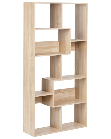 6 Tier Bookcase Light Brown Shelves Particle Board Frame Open Back Irregular Design Storage Minimalist Style Beliani