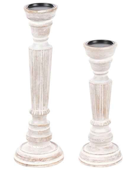 Set of 2 Candlesticks Light Brown Mango Wood Candleholders Decorative Beliani