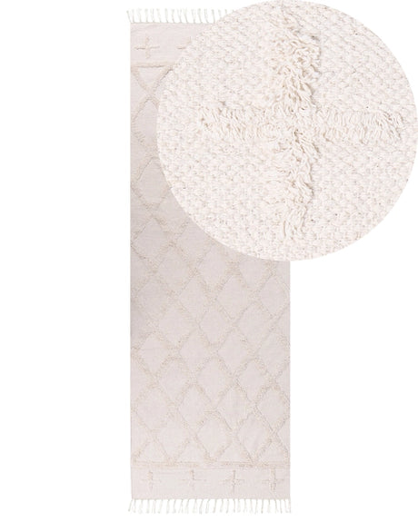 Area Rug Beige Cotton 80 x 230 cm Minimalistic Tufted Shaggy Geometric Pattern Living Room Bedroom Beliani