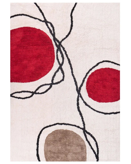 Area Rug Cotton Beige and Red 140 x 200 cm Abstract Pattern Low Pile Modern Beliani