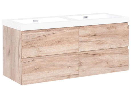 Wall Mounted Bathroom Cabinet Vanity Unit with Double Basin Light Brown MDF 120 x 46 cm with 4 Drawers Beliani