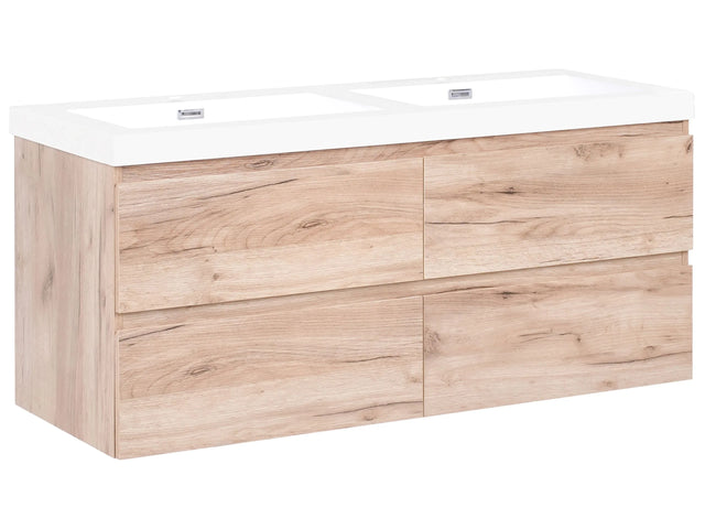 Wall Mounted Bathroom Cabinet Vanity Unit with Double Basin Light Brown MDF 120 x 46 cm with 4 Drawers Beliani