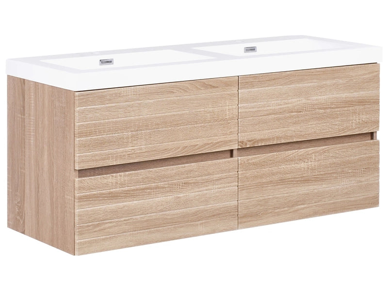 Wall Mounted Bathroom Vanity Unit with Double Basin Beige MDF 120 x 46 cm Four Drawers Beliani
