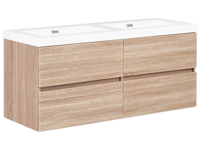 Wall Mounted Bathroom Vanity Unit with Double Basin Beige MDF 120 x 46 cm Four Drawers Beliani