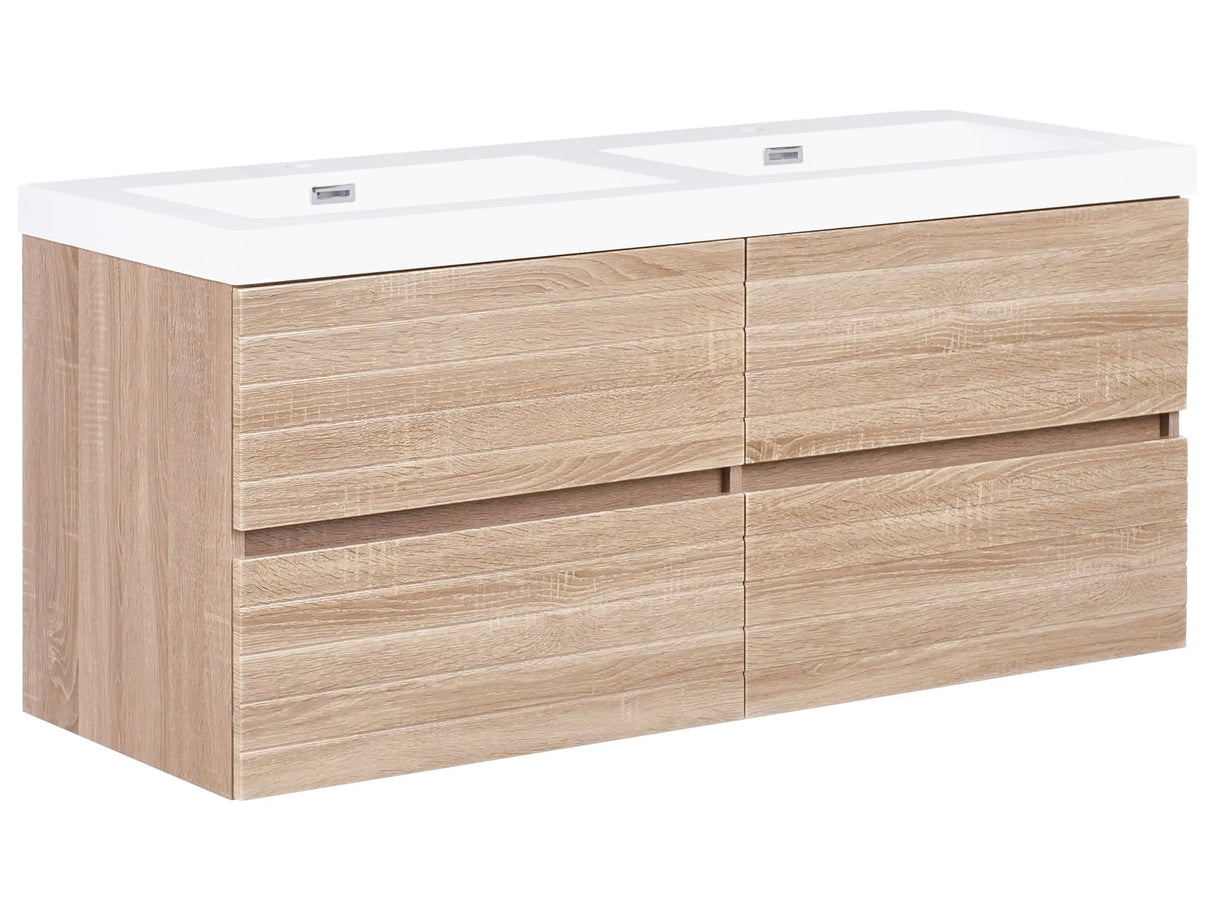 Wall Mounted Bathroom Vanity Unit with Double Basin Light Brown MDF 120 x 46 cm Four Drawers Beliani