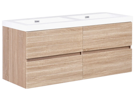 Wall Mounted Bathroom Vanity Unit with Double Basin Light Brown MDF 120 x 46 cm Four Drawers Beliani