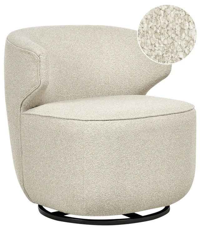 Armchair Light Beige Boucle Soft Teddy Fabric Black Leg Base Swivel 360 Industrial Beliani