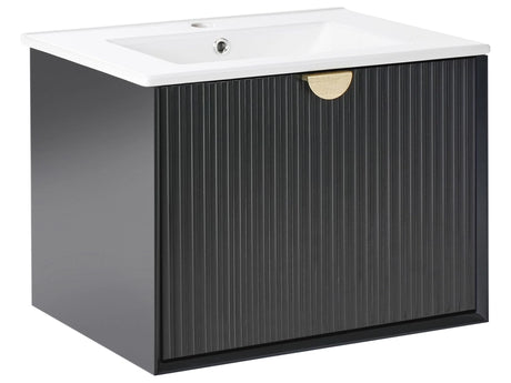 Wall Mounted Vanity Unit with Basin Black Engineered Wood Bathroom Cabinet Storage 60 x 43 cm Modern Design Beliani