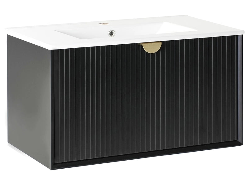 Wall Mounted Vanity Unit with Basin Black Engineered Wood Bathroom Cabinet Storage 80 x 43 cm Modern Design Beliani