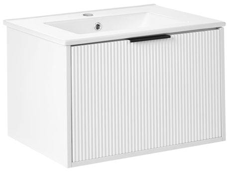 Wall Mounted Vanity Unit White Engineered Wood Bathroom Cabinet Ceramic Basin 60 cm Black Handle Modern Design Beliani