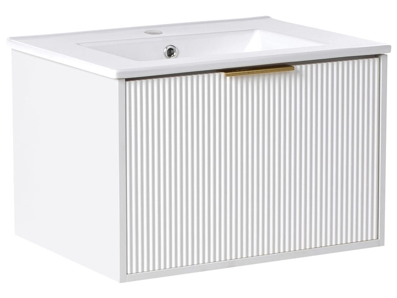 Wall Mounted Vanity Unit White Engineered Wood Bathroom Cabinet Ceramic Basin 60 cm Gold Handle Modern Design Beliani
