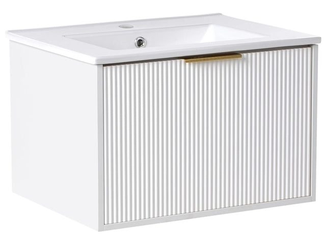Wall Mounted Vanity Unit White Engineered Wood Bathroom Cabinet Ceramic Basin 60 cm Gold Handle Modern Design Beliani