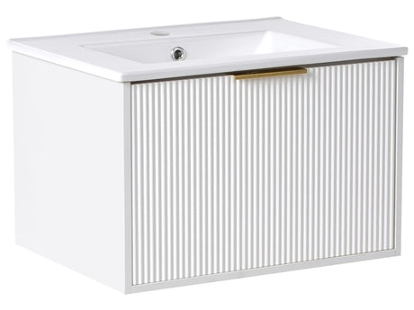 Wall Mounted Vanity Unit White Engineered Wood Bathroom Cabinet Ceramic Basin 60 cm Gold Handle Modern Design Beliani
